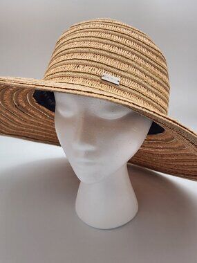 Betmar New York Wide Brim Straw Sun Hat Tan Striped Floppy Packable Summer Beach